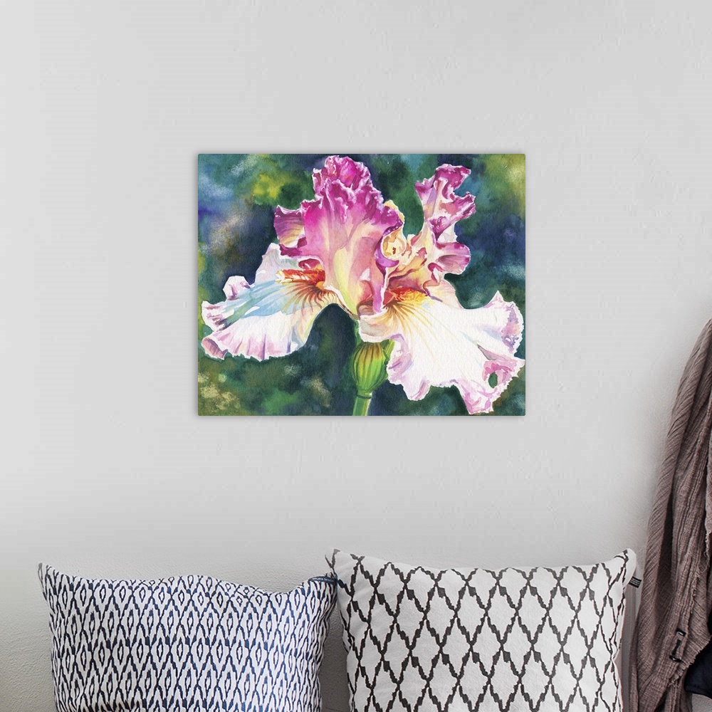 A bohemian room featuring A contemporary watercolor painting of pink and white iris.