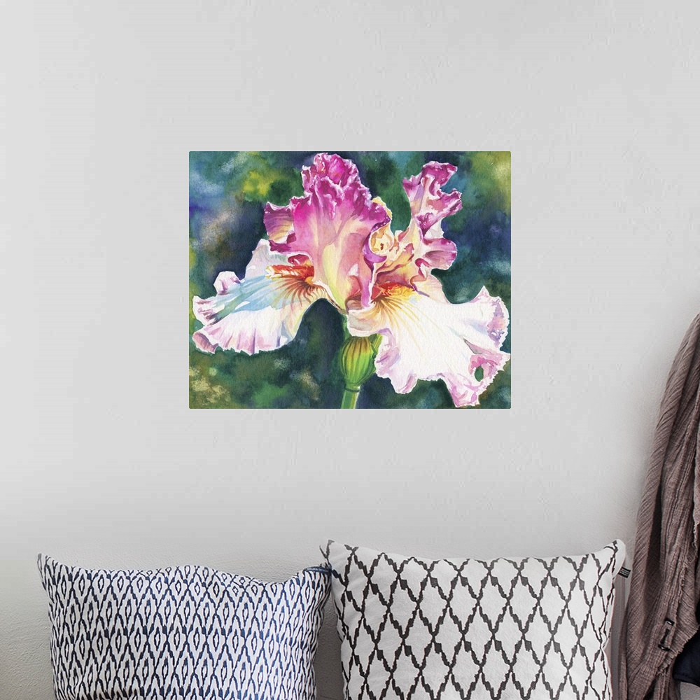 A bohemian room featuring A contemporary watercolor painting of pink and white iris.