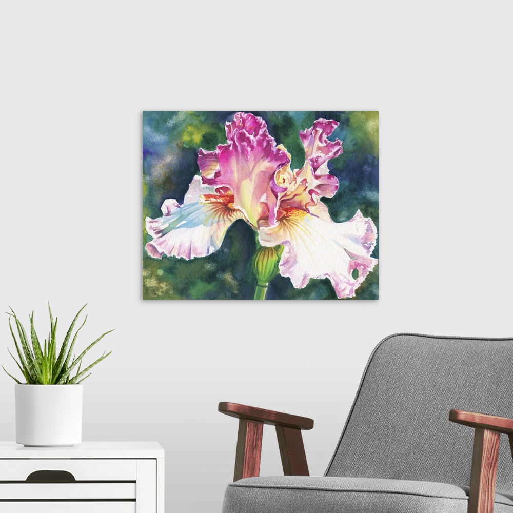 A modern room featuring A contemporary watercolor painting of pink and white iris.