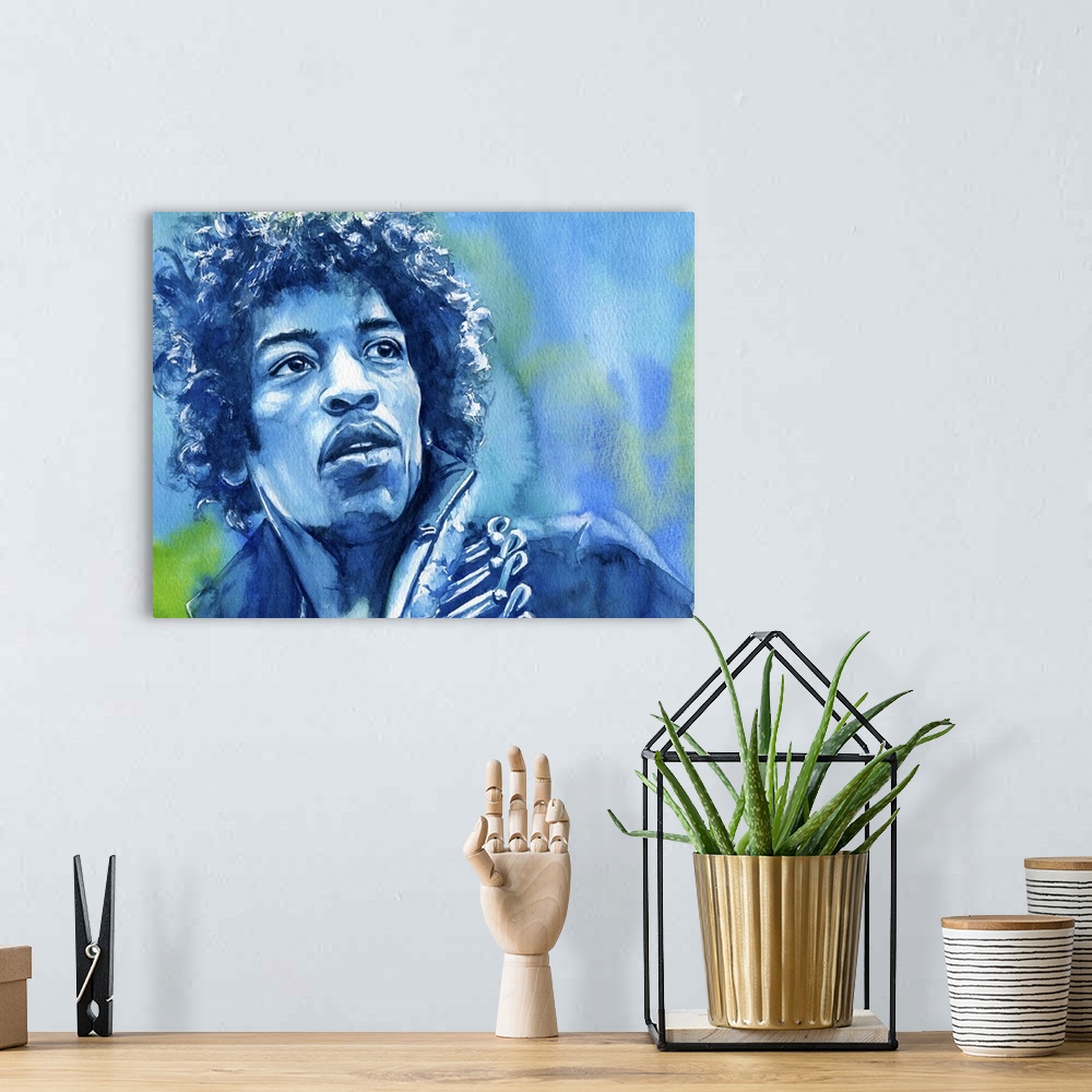 A bohemian room featuring A watercolor painting of Jimi Hendrix in shades of green and blue.