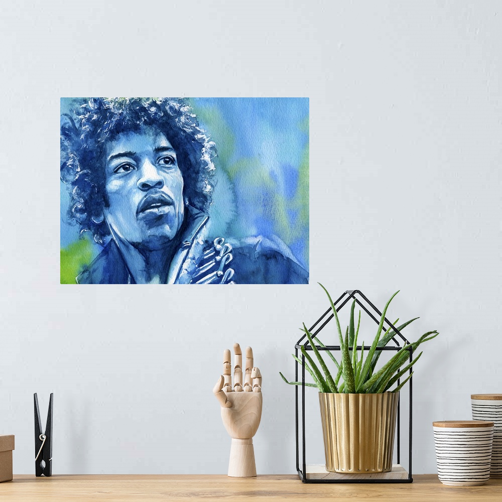 A bohemian room featuring A watercolor painting of Jimi Hendrix in shades of green and blue.