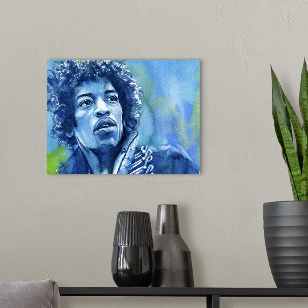 A modern room featuring A watercolor painting of Jimi Hendrix in shades of green and blue.