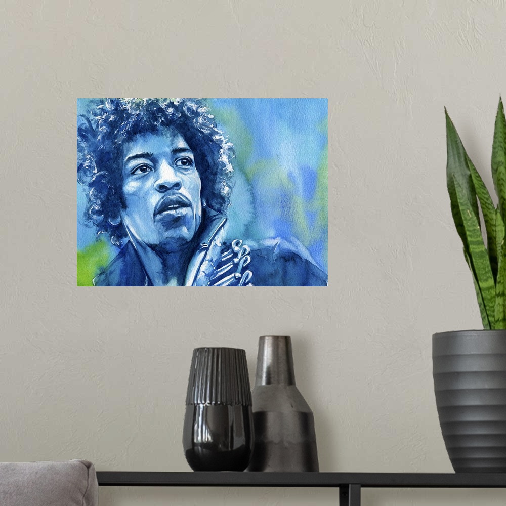 A modern room featuring A watercolor painting of Jimi Hendrix in shades of green and blue.