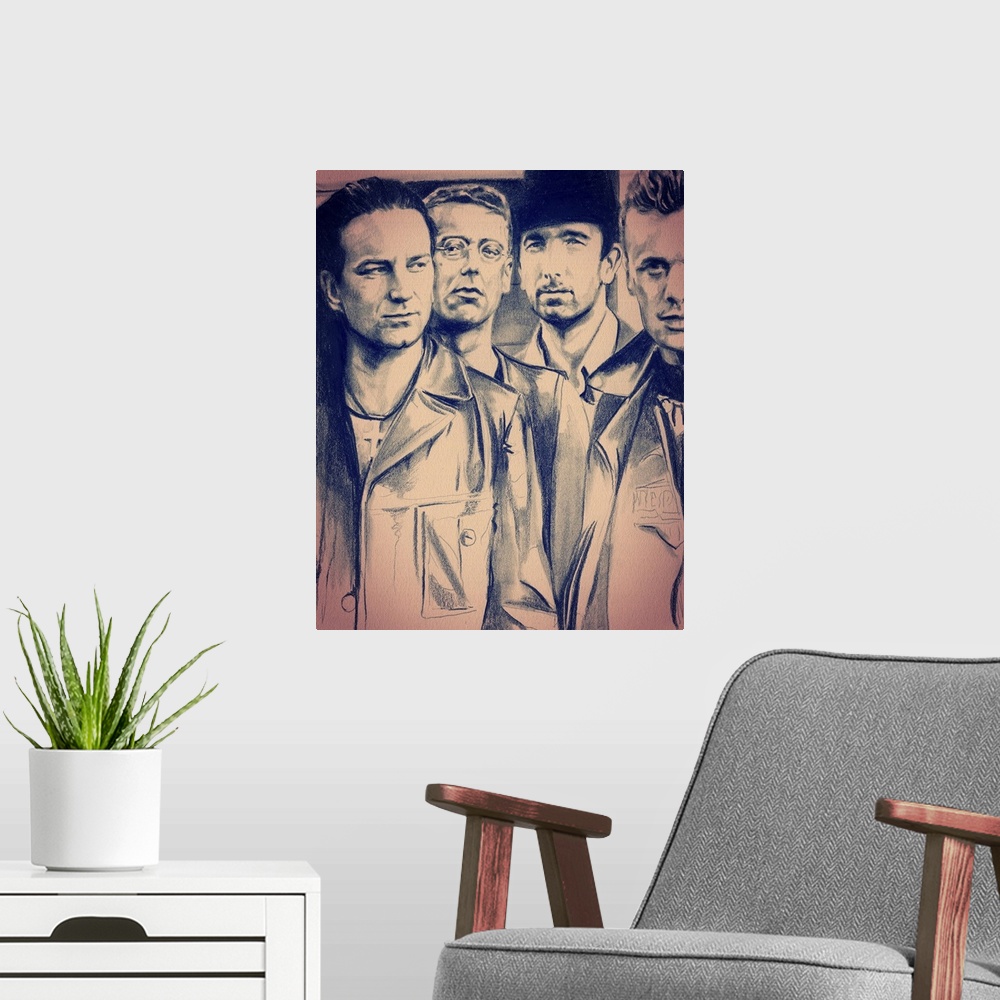 A modern room featuring Watercolor illustration for atu2.com of the group U2.