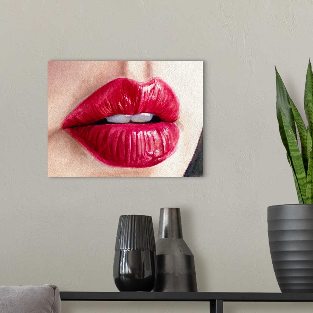 A modern room featuring Watercolor painting of close up of a woman's mouth with red lipstick.