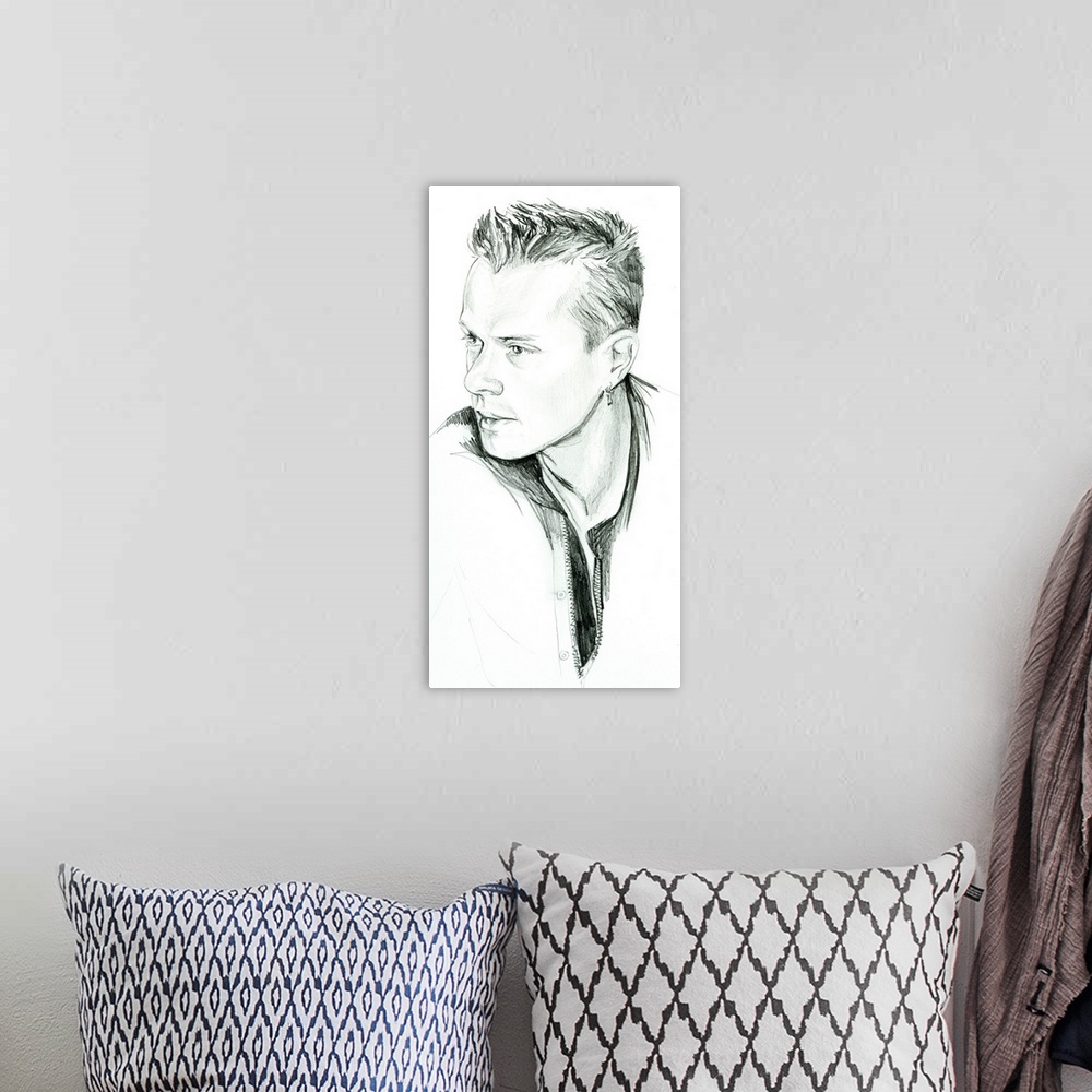 A bohemian room featuring Pencil drawing of the ageless Larry Mullen Jr of U2.