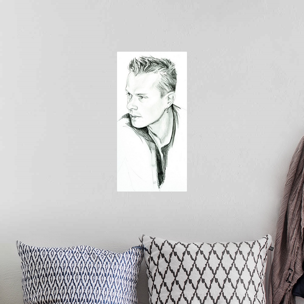 A bohemian room featuring Pencil drawing of the ageless Larry Mullen Jr of U2.