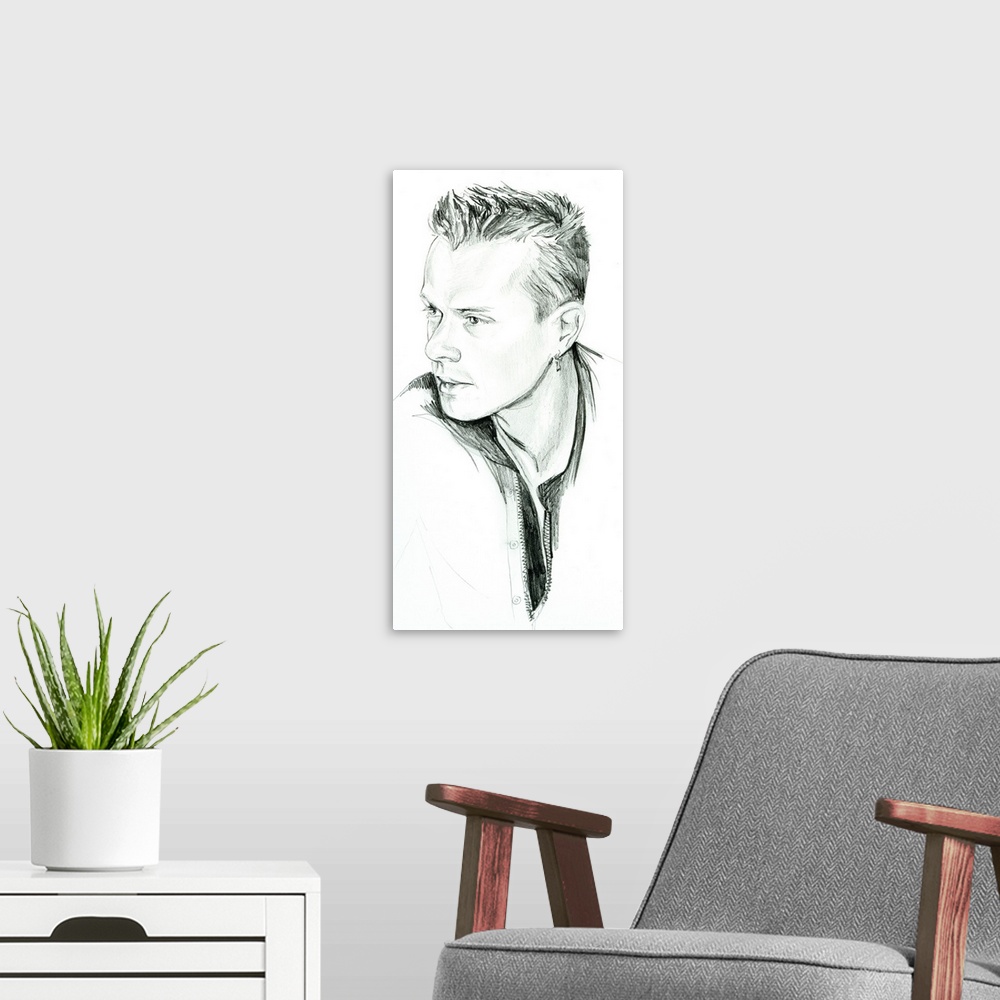 A modern room featuring Pencil drawing of the ageless Larry Mullen Jr of U2.