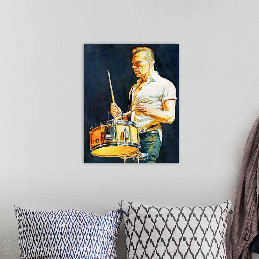 A bohemian room featuring Illustration for atu2.com of Larry Mullen in watercolor.