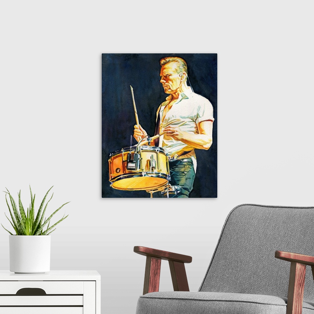 A modern room featuring Illustration for atu2.com of Larry Mullen in watercolor.
