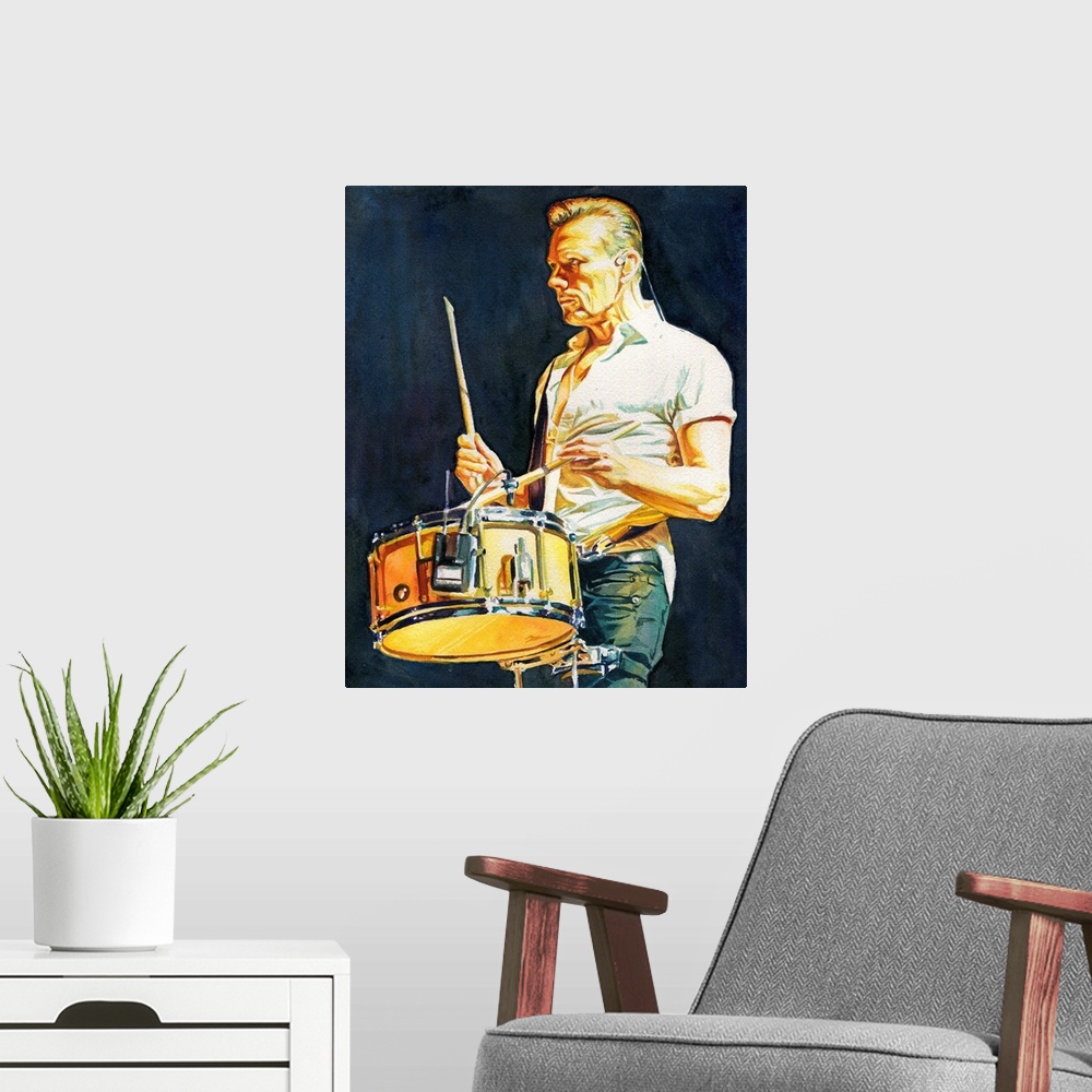 A modern room featuring Illustration for atu2.com of Larry Mullen in watercolor.