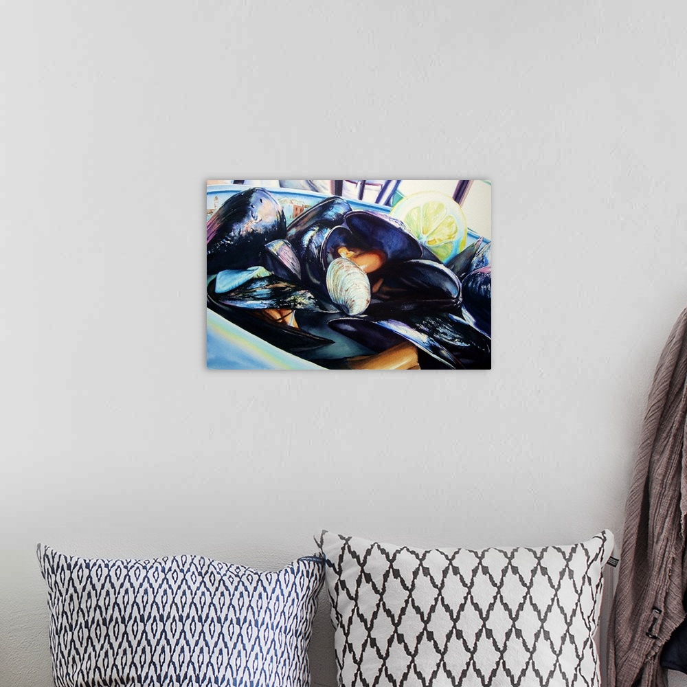 A bohemian room featuring A watercolor painting of a bowl full of mussels with blue light reflected on them.