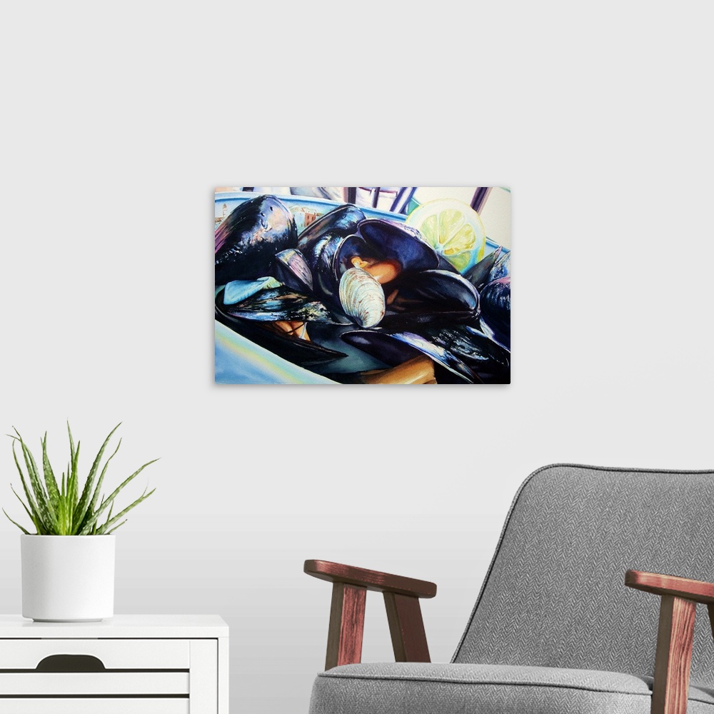 A modern room featuring A watercolor painting of a bowl full of mussels with blue light reflected on them.