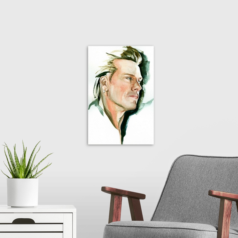 A modern room featuring Vertigo-era Larry Mullen in a loose watercolor portrait, one of four band members.