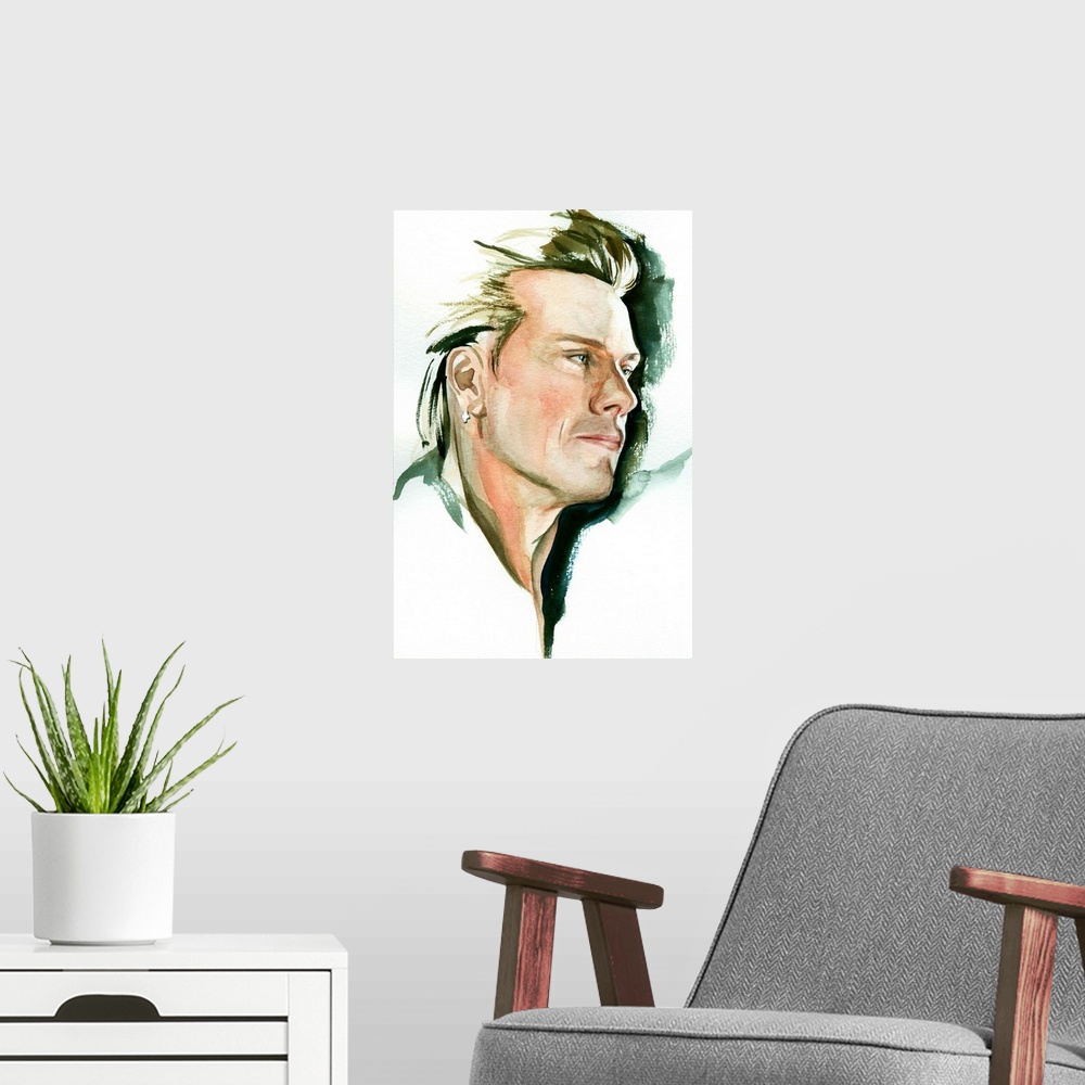 A modern room featuring Vertigo-era Larry Mullen in a loose watercolor portrait, one of four band members.