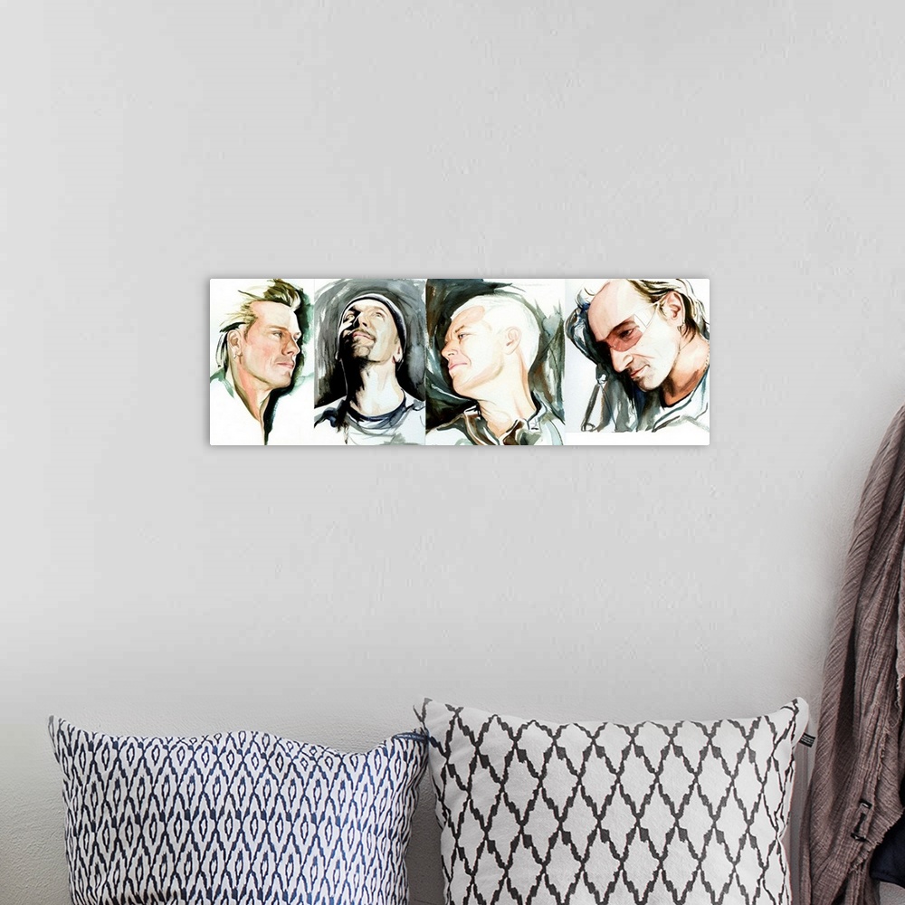 A bohemian room featuring Collection of all four loose U2 portraits.