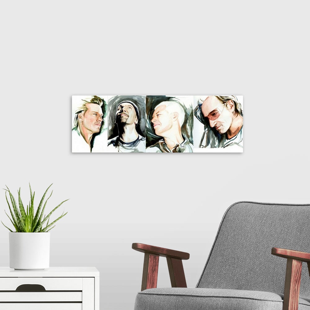 A modern room featuring Collection of all four loose U2 portraits.