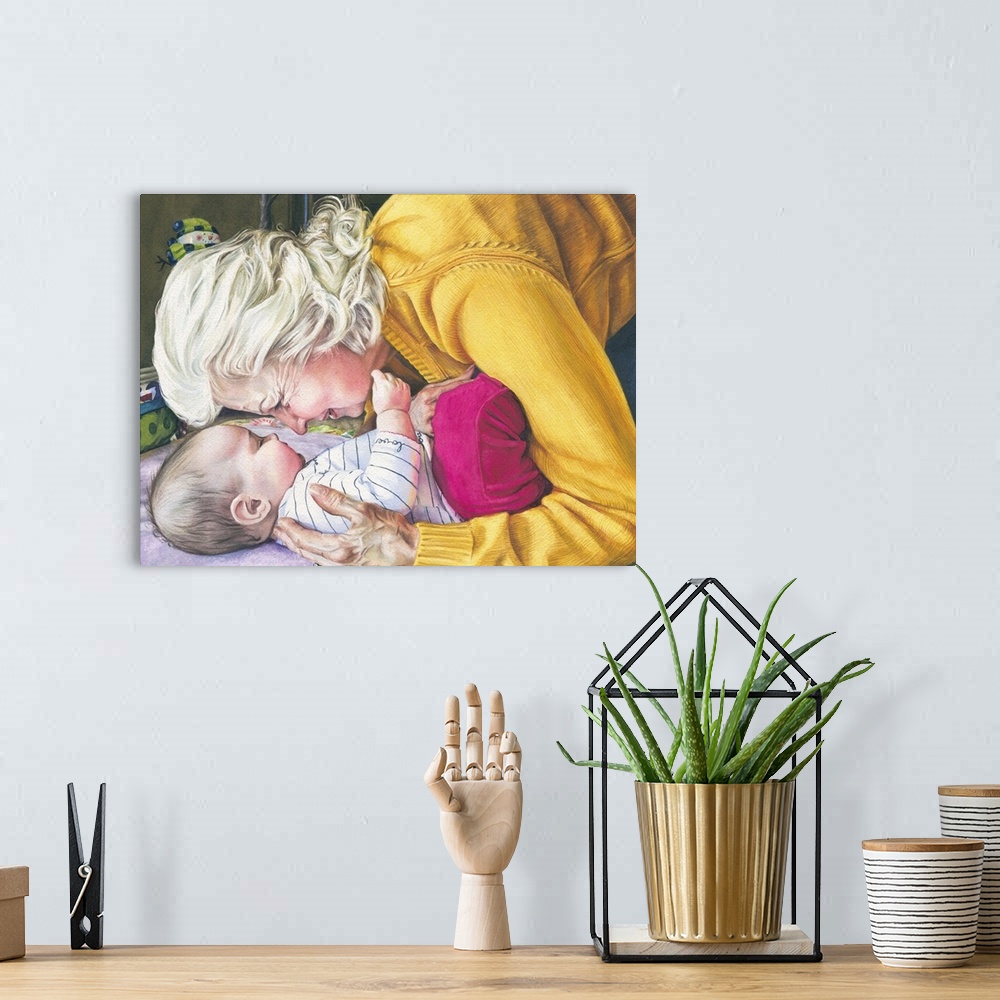 A bohemian room featuring A watercolor portrait of a grandmother admiring her granddaughter in a touching moment.
