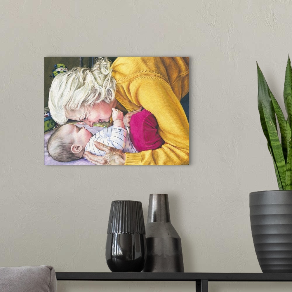 A modern room featuring A watercolor portrait of a grandmother admiring her granddaughter in a touching moment.