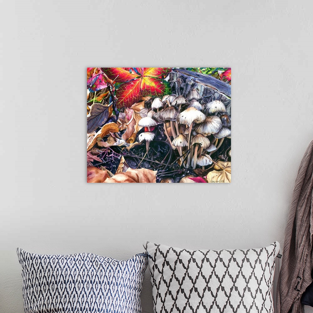 A bohemian room featuring A contemporary watercolor painting of a group of mushrooms that were recently covered from beneat...