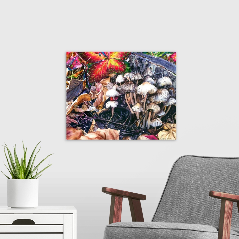 A modern room featuring A contemporary watercolor painting of a group of mushrooms that were recently covered from beneat...