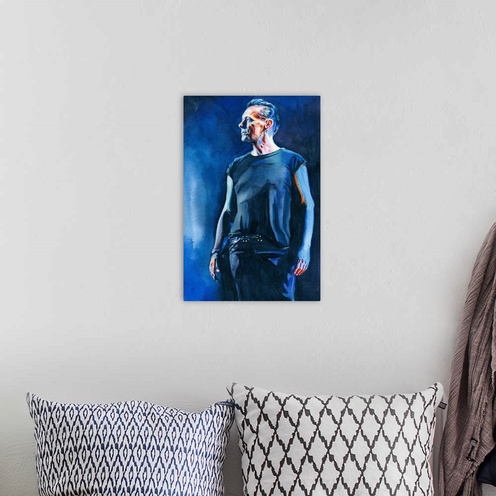 A bohemian room featuring Watercolor painting of Larry Mullen Jr created for atu2.com 2017.