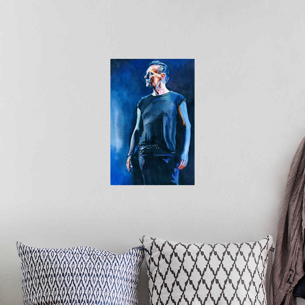 A bohemian room featuring Watercolor painting of Larry Mullen Jr created for atu2.com 2017.