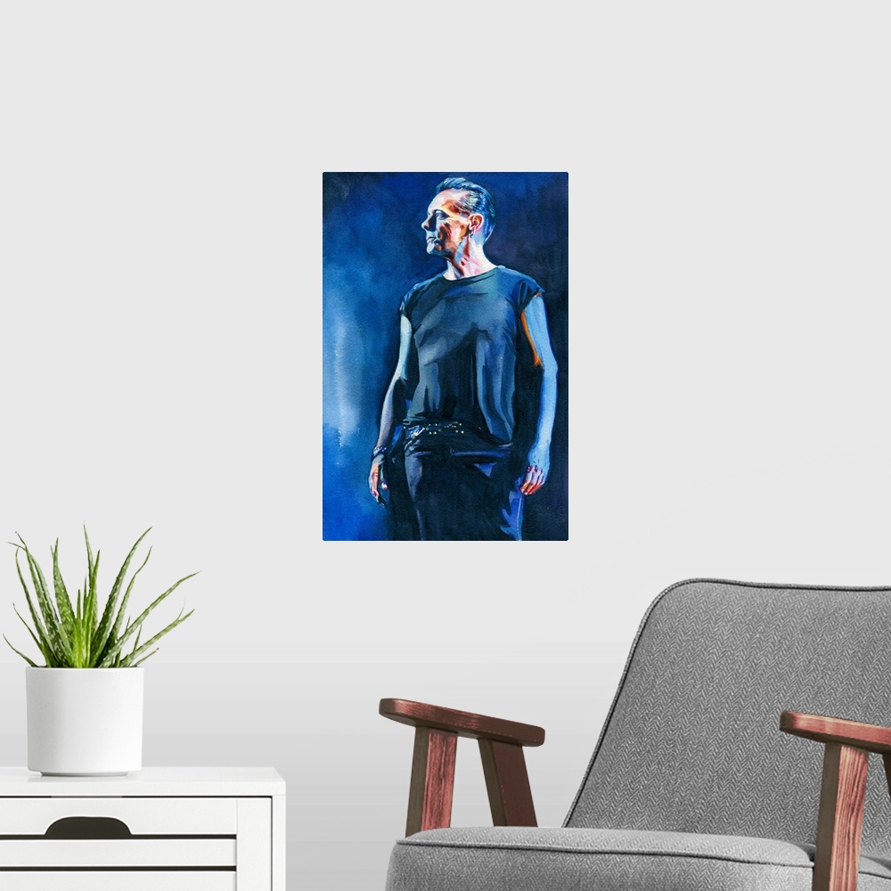 A modern room featuring Watercolor painting of Larry Mullen Jr created for atu2.com 2017.