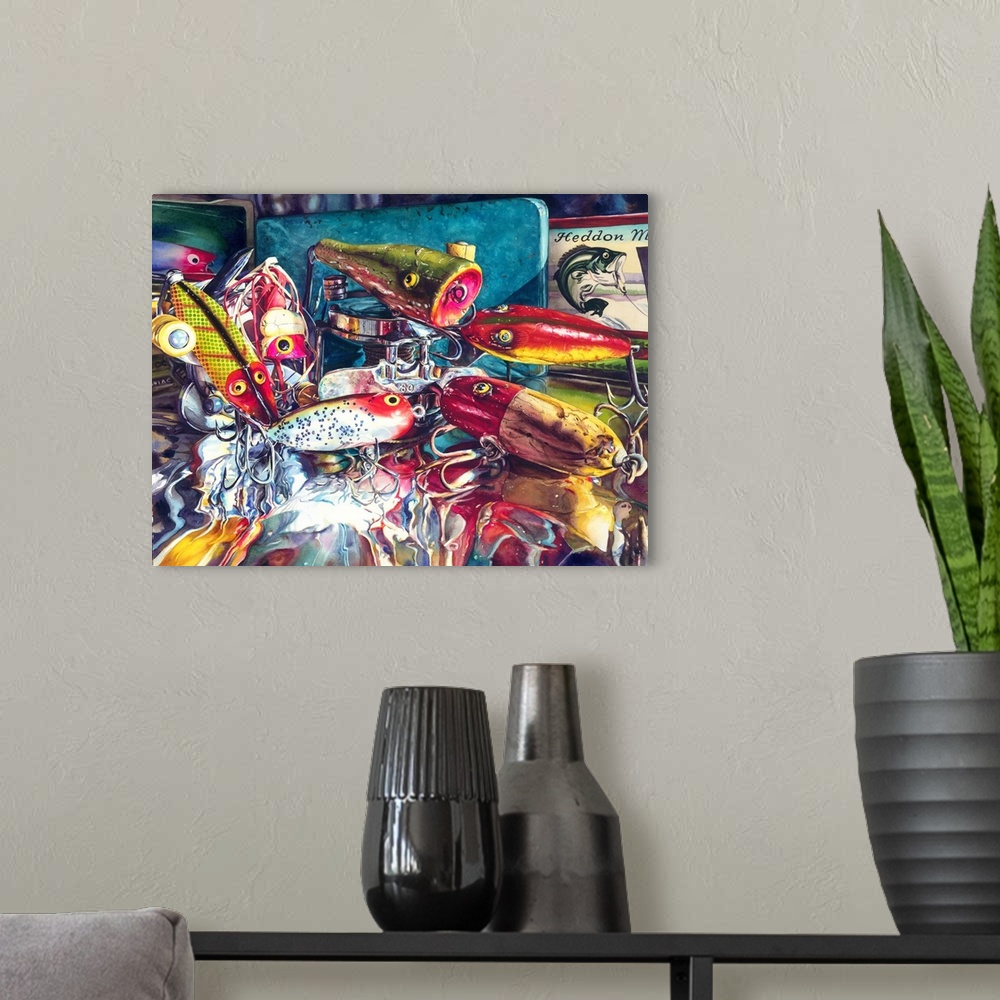 A modern room featuring Watercolor painting of a collection of antique fishing lures. I placed them on a piece of aluminu...