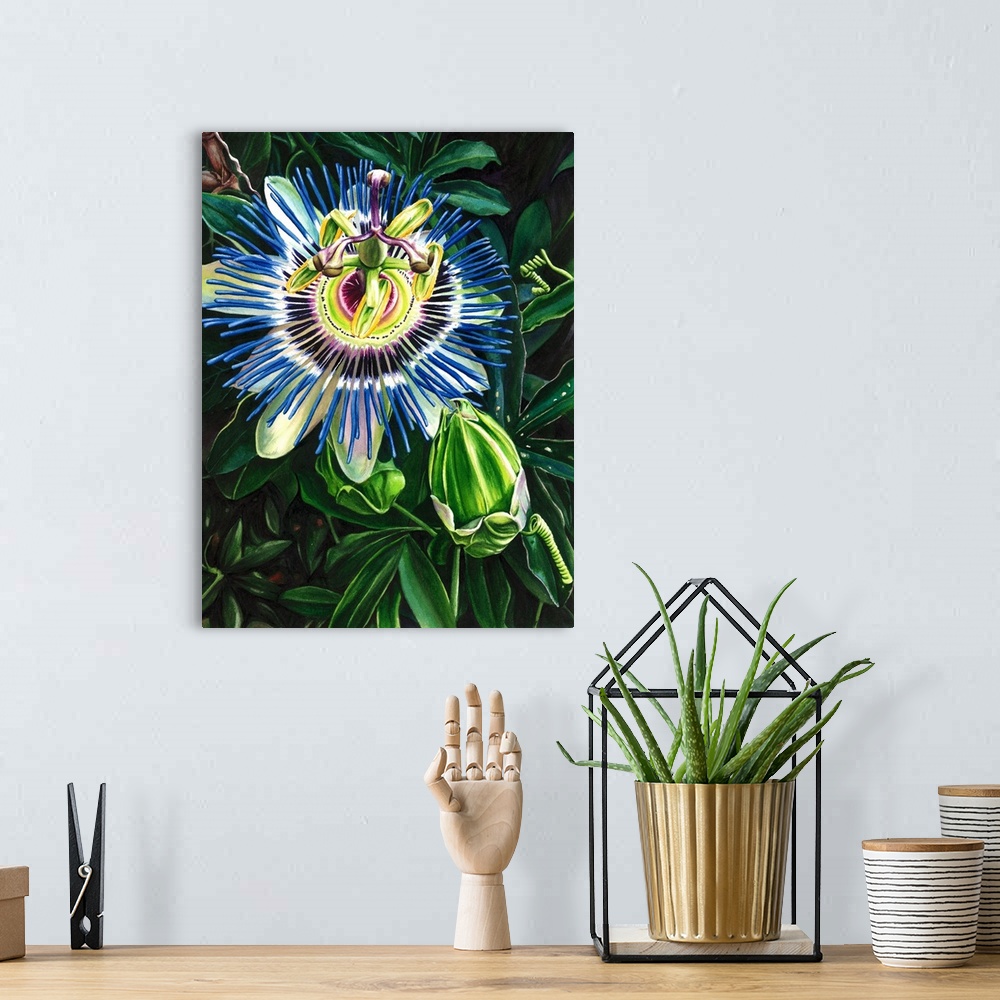 A bohemian room featuring Vertical watercolor painting of a passion flower with brilliant blue and purple colors.