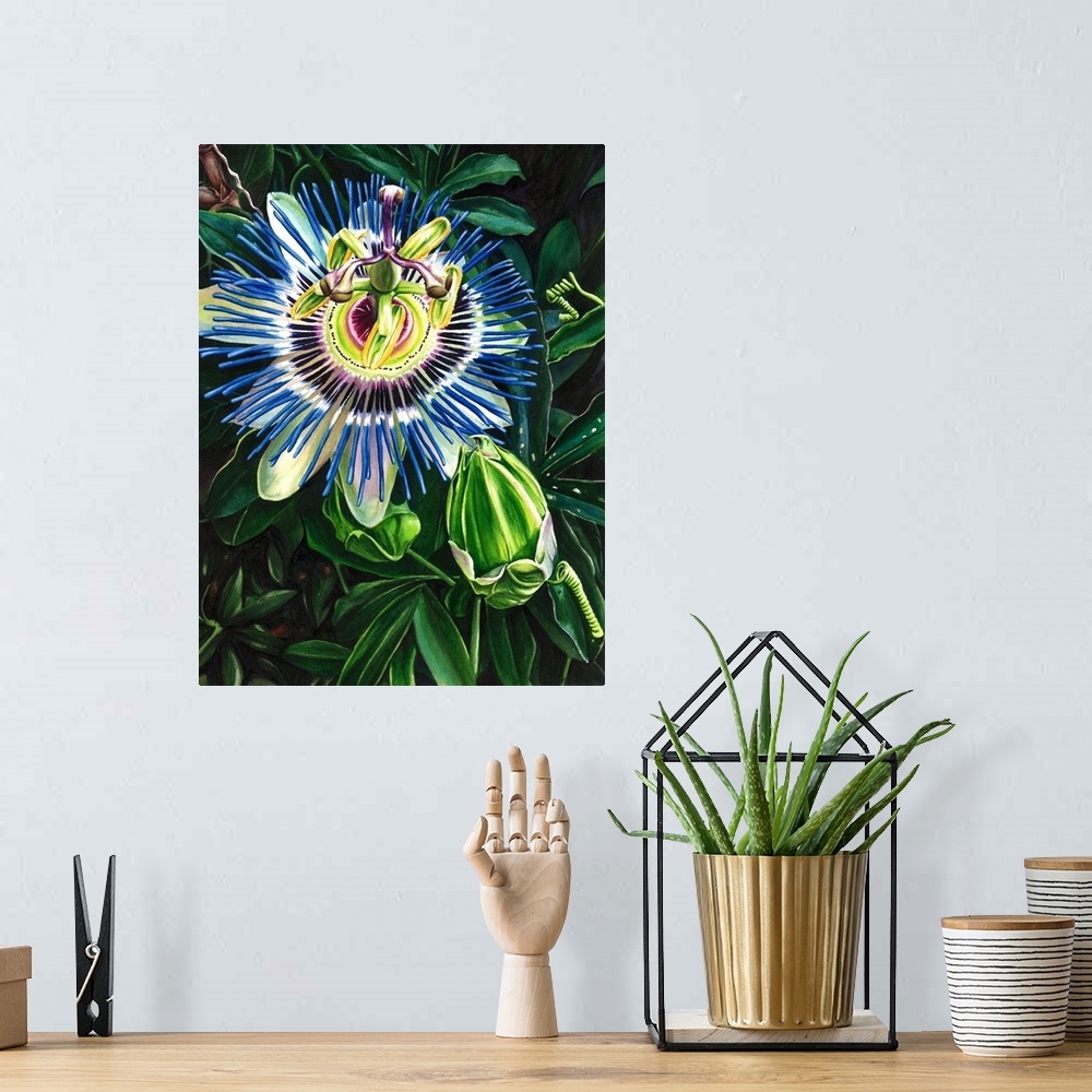 A bohemian room featuring Vertical watercolor painting of a passion flower with brilliant blue and purple colors.