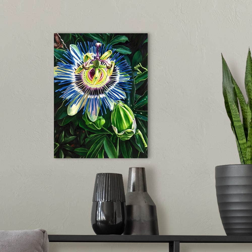 A modern room featuring Vertical watercolor painting of a passion flower with brilliant blue and purple colors.