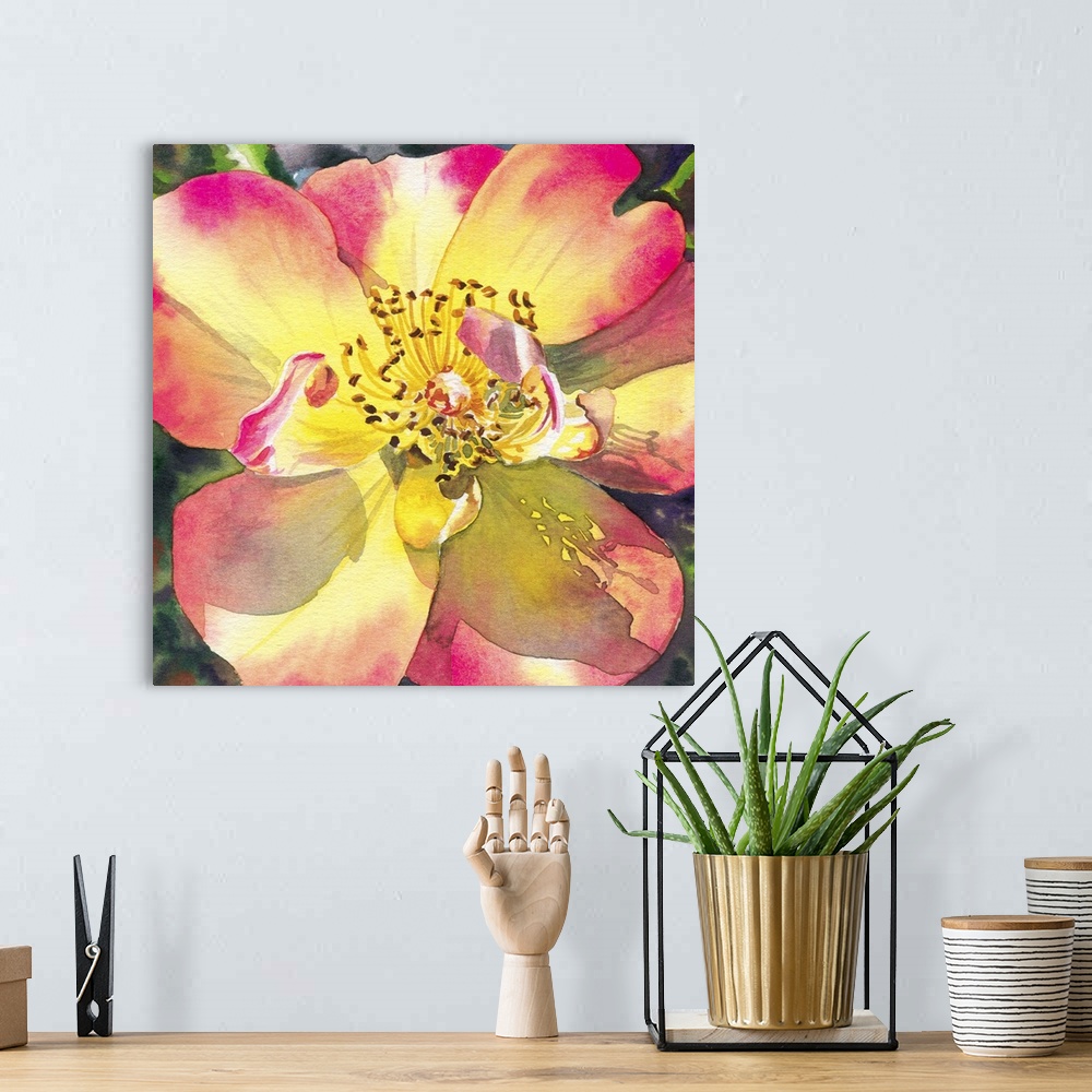 A bohemian room featuring Square watercolor painting of a peach and yellow rose.