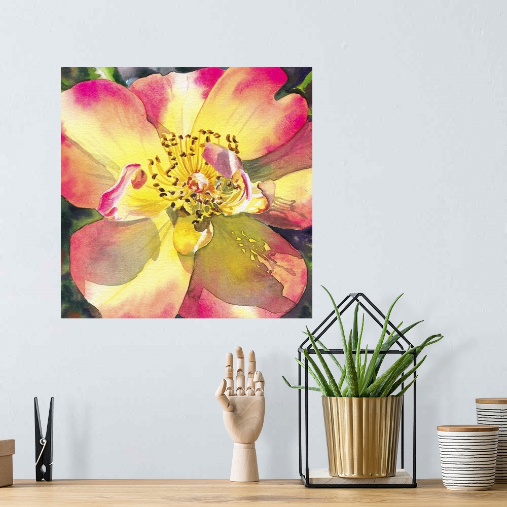 A bohemian room featuring Square watercolor painting of a peach and yellow rose.