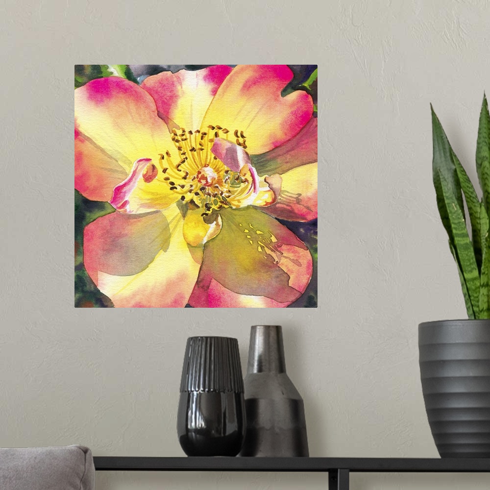 A modern room featuring Square watercolor painting of a peach and yellow rose.