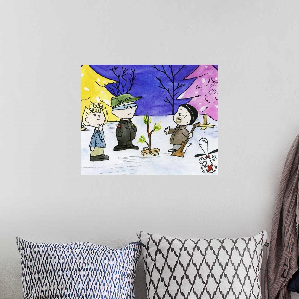 A bohemian room featuring U2-based version of A Charlie Brown Christmas in watercolor.
