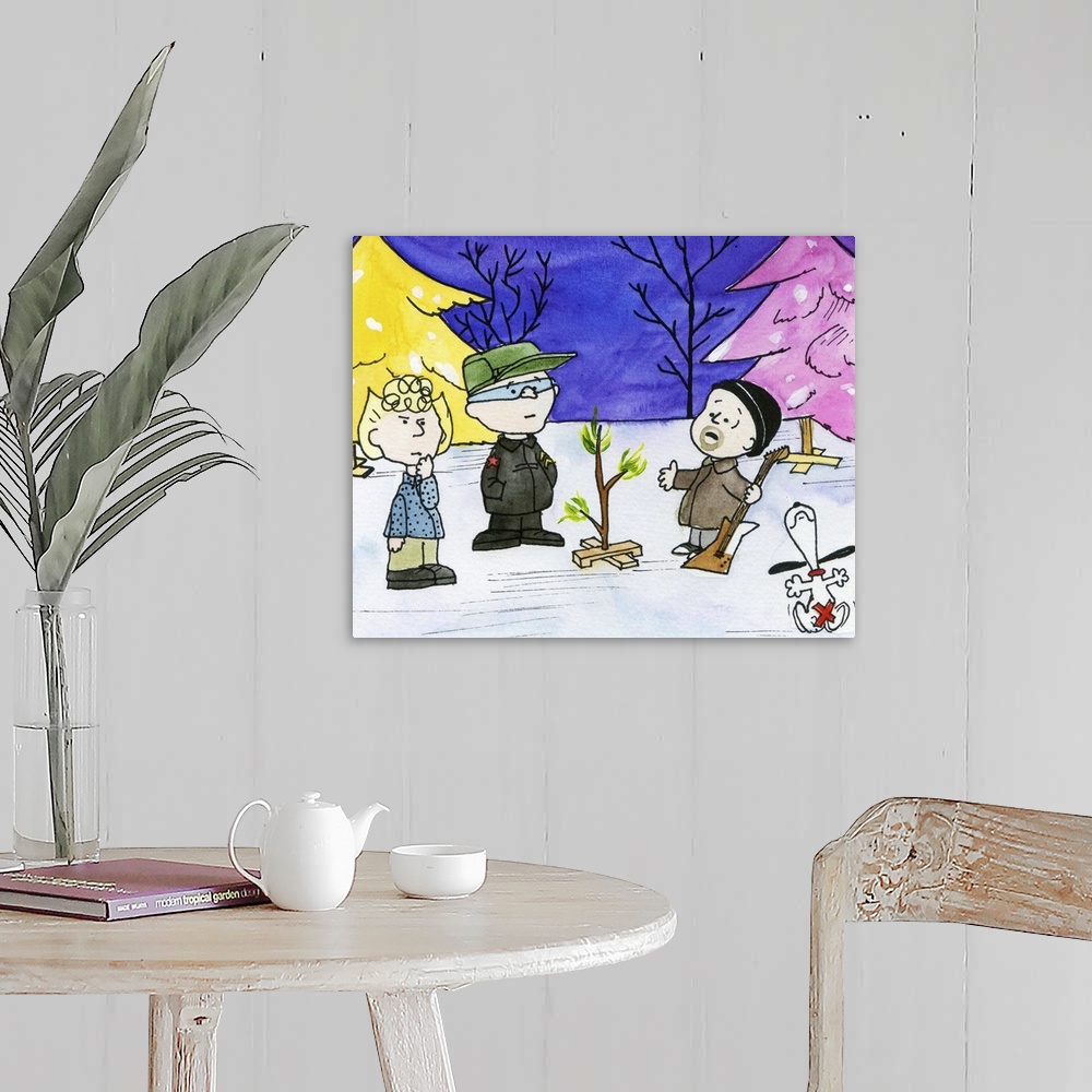 A farmhouse room featuring U2-based version of A Charlie Brown Christmas in watercolor.