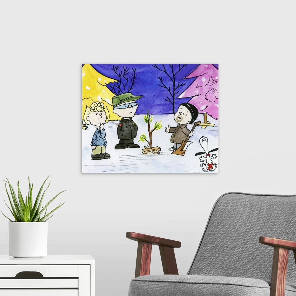 A modern room featuring U2-based version of A Charlie Brown Christmas in watercolor.