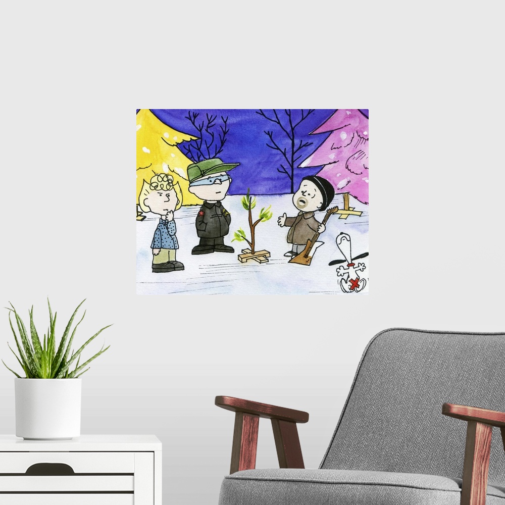 A modern room featuring U2-based version of A Charlie Brown Christmas in watercolor.