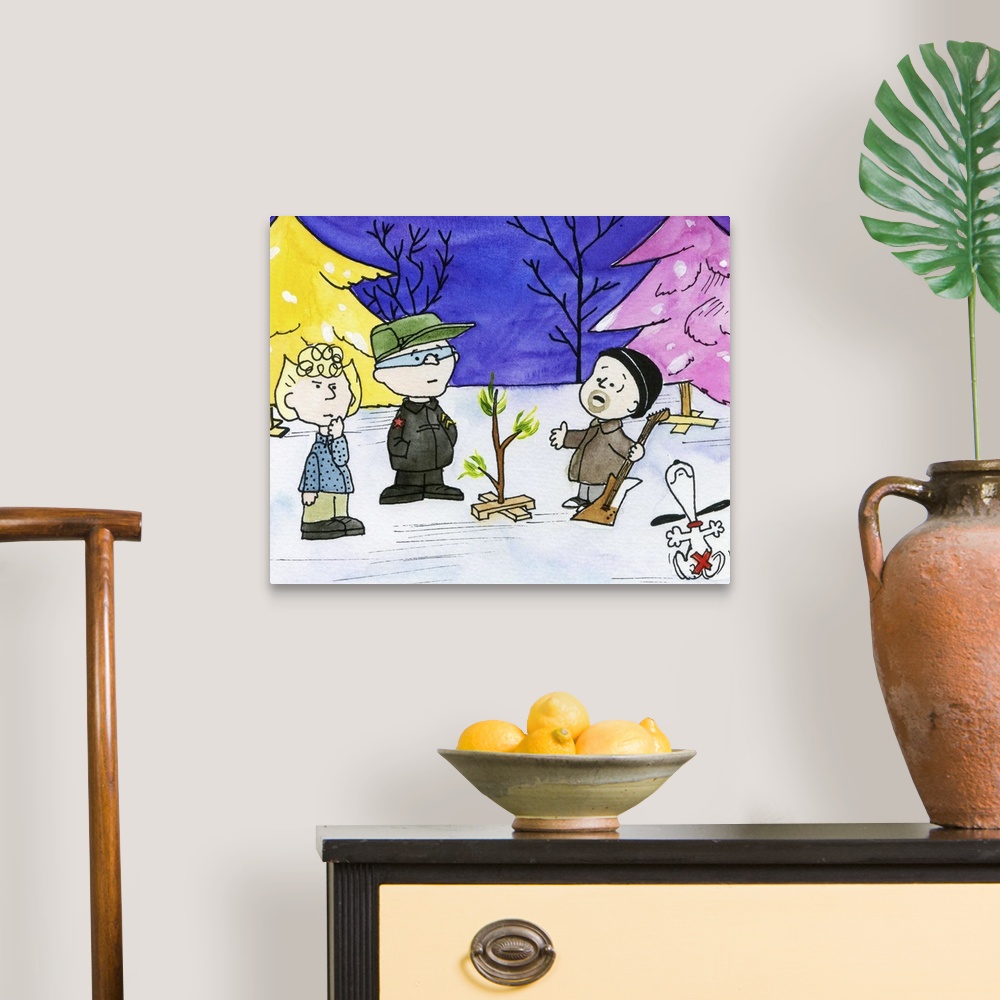 A traditional room featuring U2-based version of A Charlie Brown Christmas in watercolor.