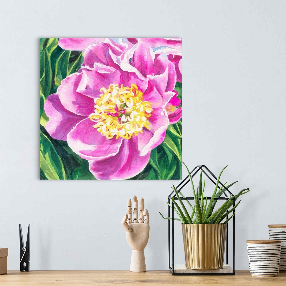 A bohemian room featuring Square watercolor painting of a vibrant pink Peony.