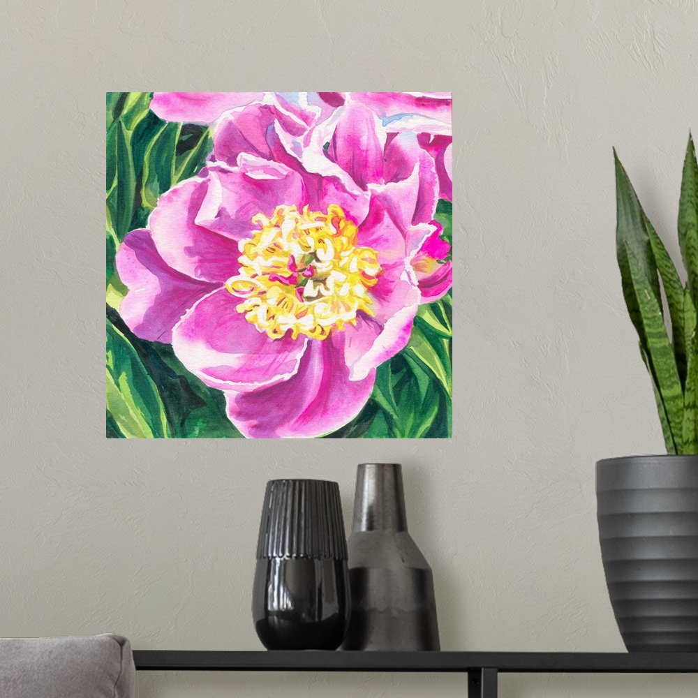 A modern room featuring Square watercolor painting of a vibrant pink Peony.