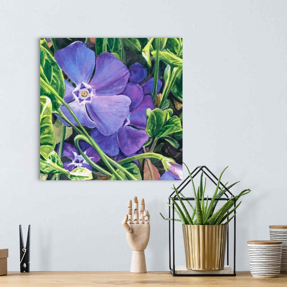 A bohemian room featuring Square watercolor painting of a purple Phlox.
