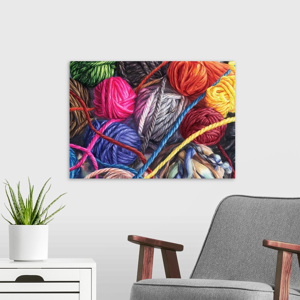 A modern room featuring A horizontal watercolor of a bunch of balls of yarn in a variety of colors.