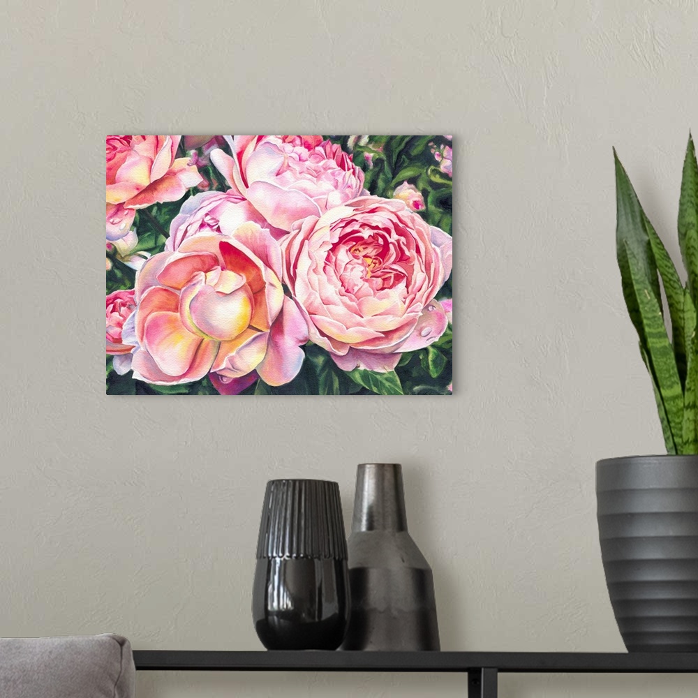 A modern room featuring Horizontal watercolor of pale pink roses on a rose bush.