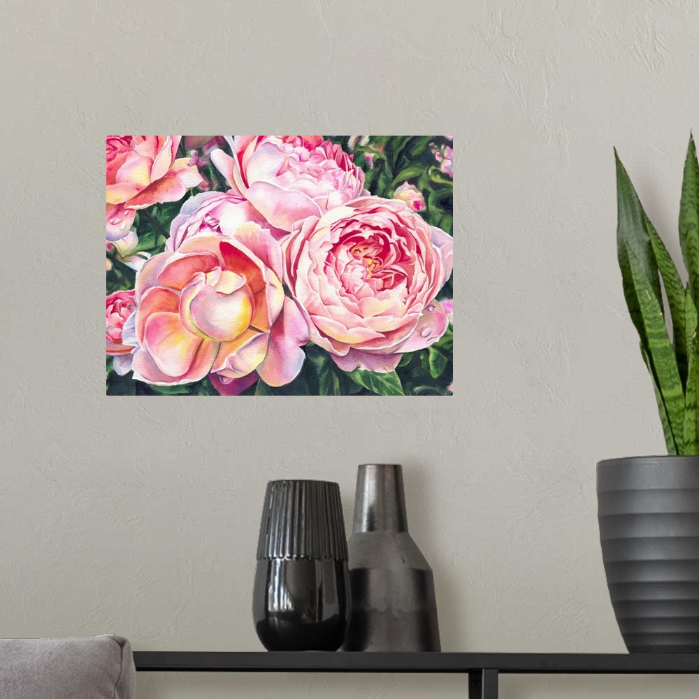 A modern room featuring Horizontal watercolor of pale pink roses on a rose bush.