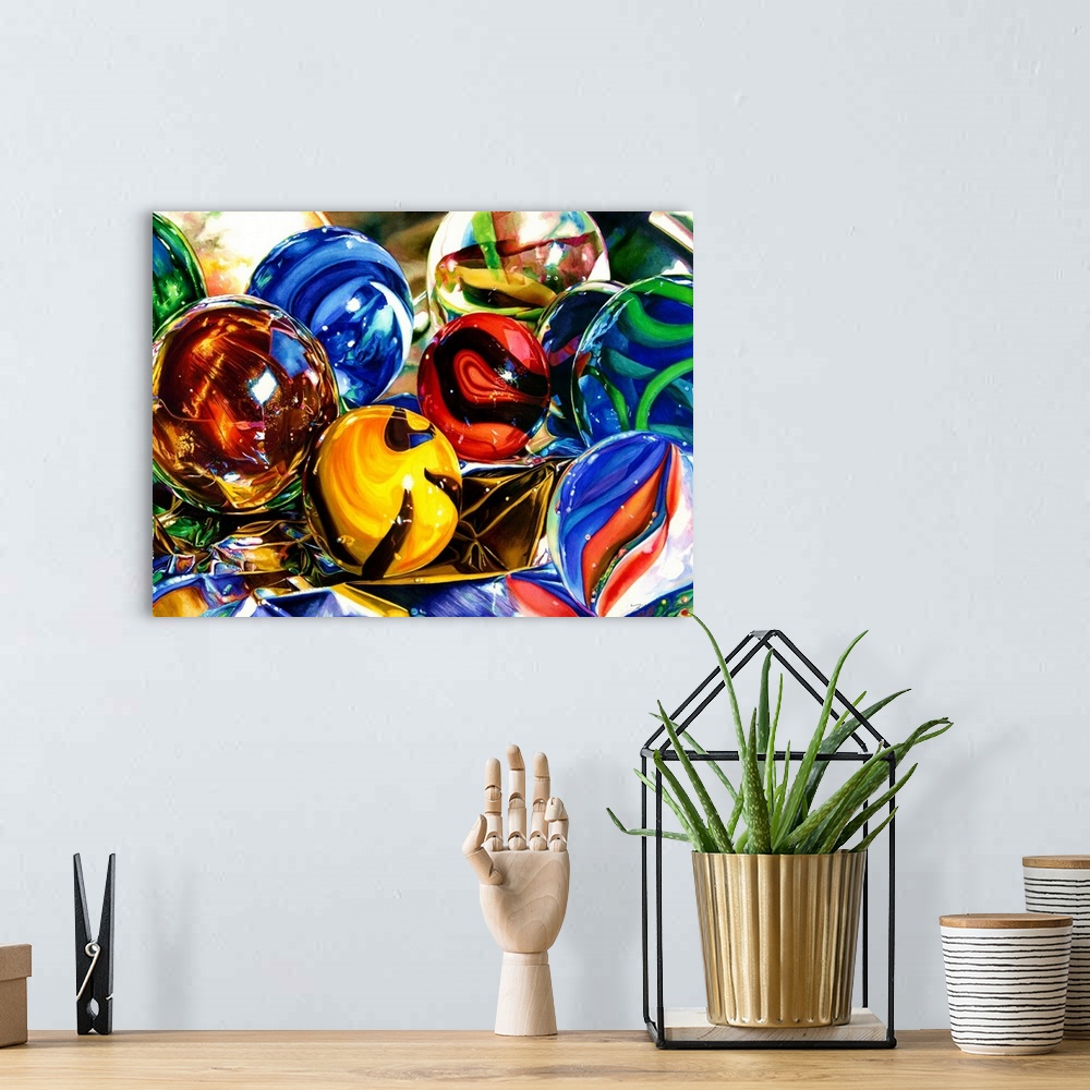 A bohemian room featuring Watercolor painting of colored marbles on a crumpled sheet of foil.