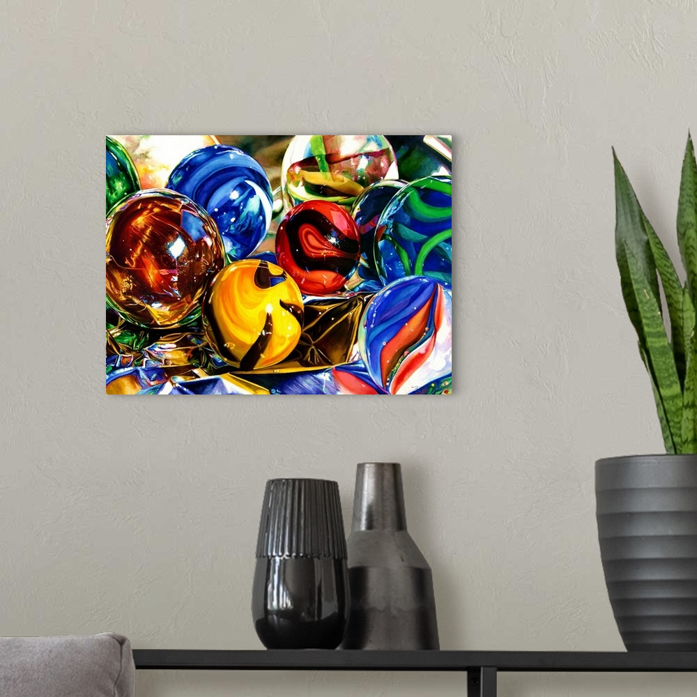 A modern room featuring Watercolor painting of colored marbles on a crumpled sheet of foil.