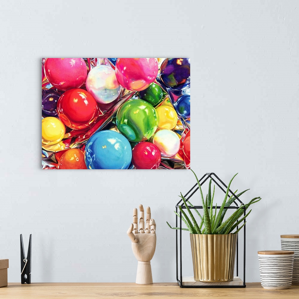 A bohemian room featuring Watercolor painting of colored gum balls on a crumpled sheet of foil.