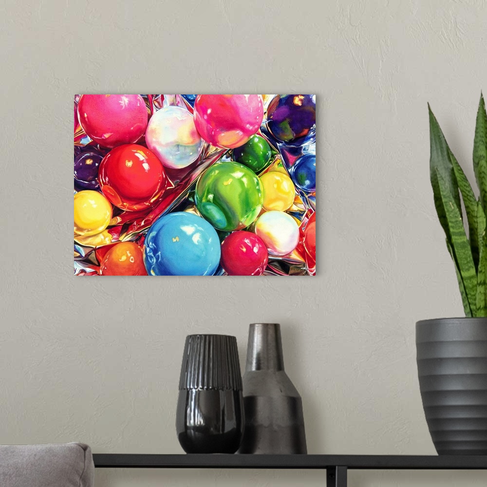 A modern room featuring Watercolor painting of colored gum balls on a crumpled sheet of foil.
